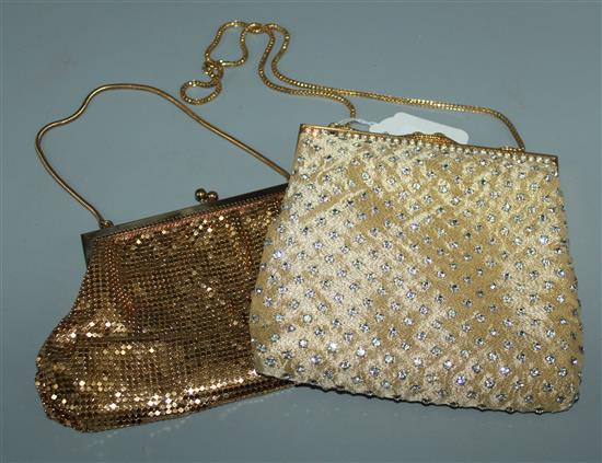 Gilt metal & gold fabric paste-set evening bag and a gold-coloured mesh evening bag